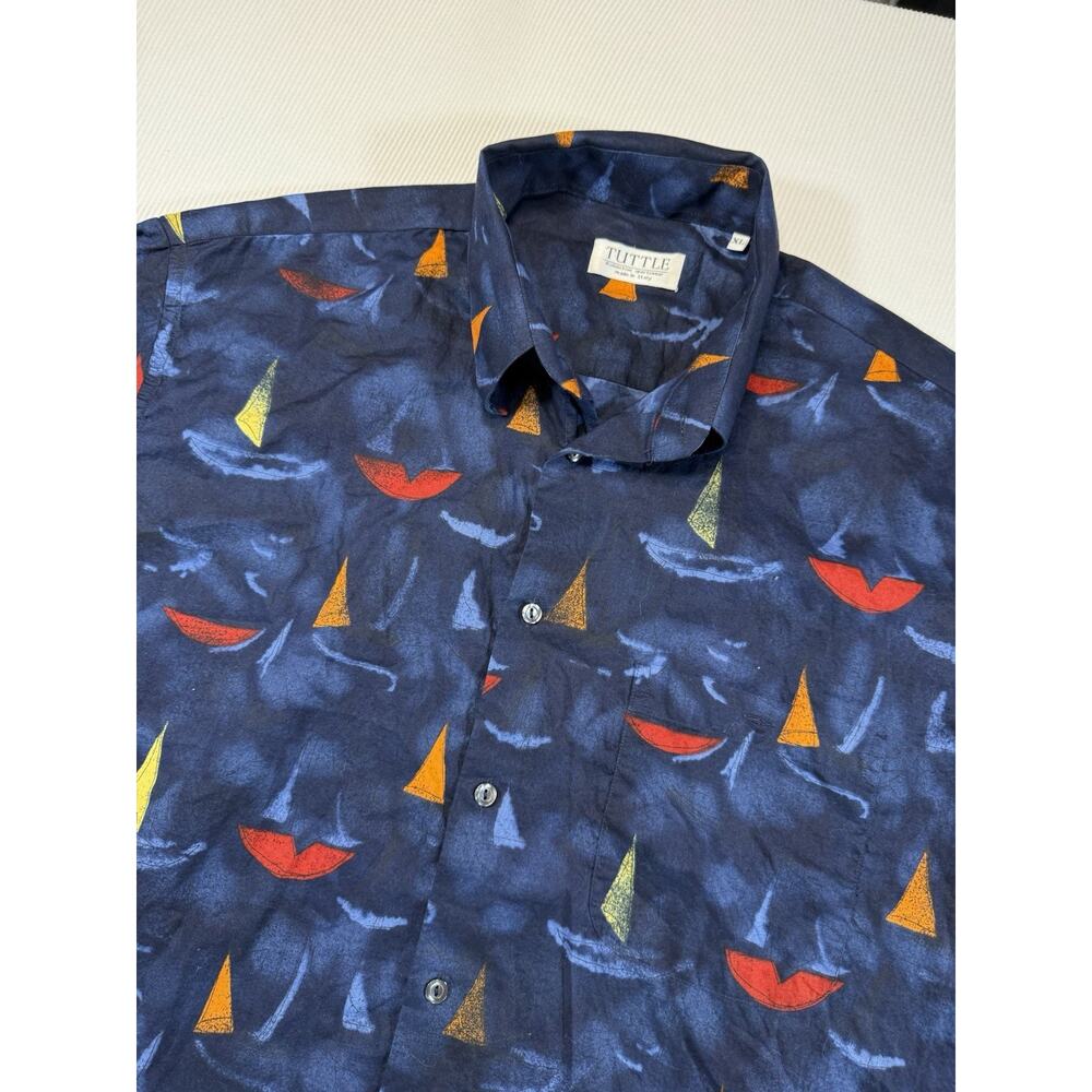 Vintage Tuttle Italy Shirt XL Abstract Sailboat Print Short Sleeve Cotton